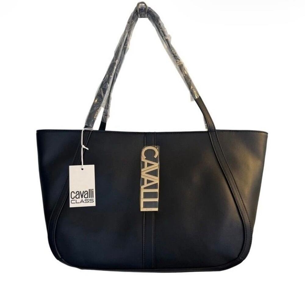 NWT Cavalli Class Sandra Shopper Tote Bag Black Onyx Gold Logo NWT